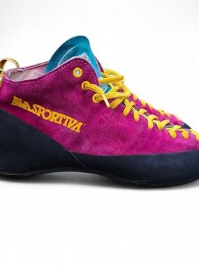 La Sportiva Women's Fuchsia Suede Climbing Shoes with Yellow Accents